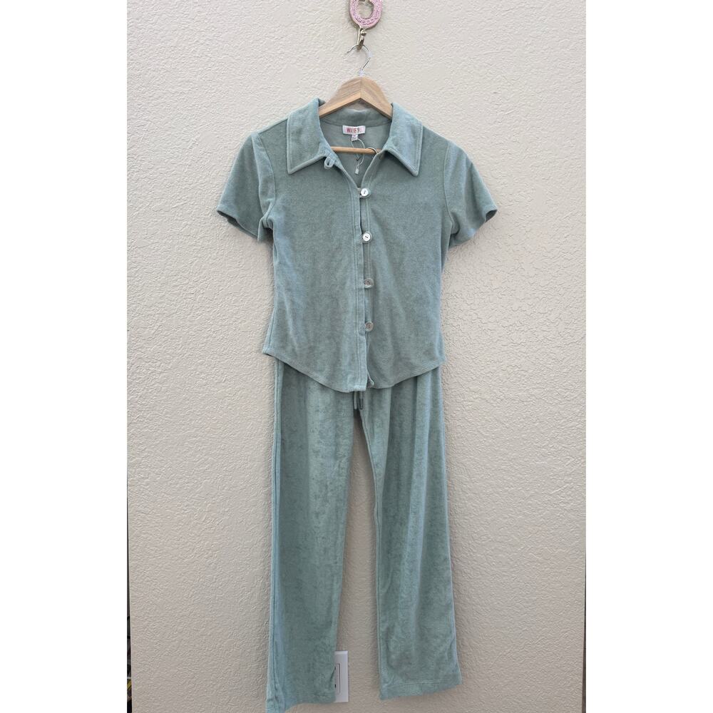 NEW WAYF $128 Naomi Green French Terry Button Up Pant Set